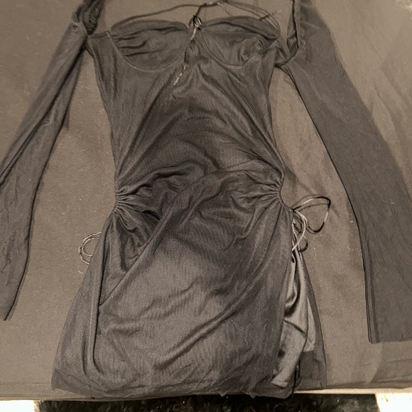 Women's Long Puff Sleeve Mini Bodycon Mesh Dress Flattering Split Hem - Picture 3 of 6